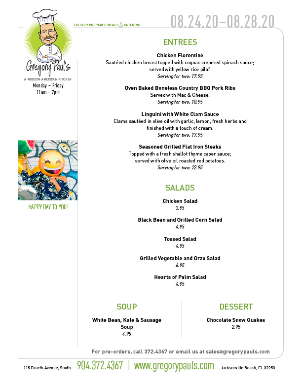 Weekly menu August 24–28 Chicken Florentine, BBQ Pork Ribs, Linguini with White Clam Sauce, Flat Iron Steaks and more